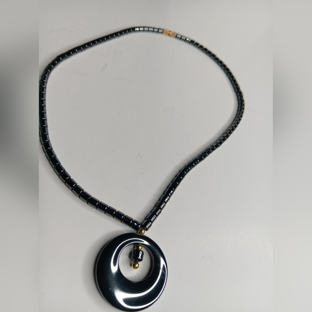 Black Beaded Necklace with Circular Pendant - Picture 2 of 7